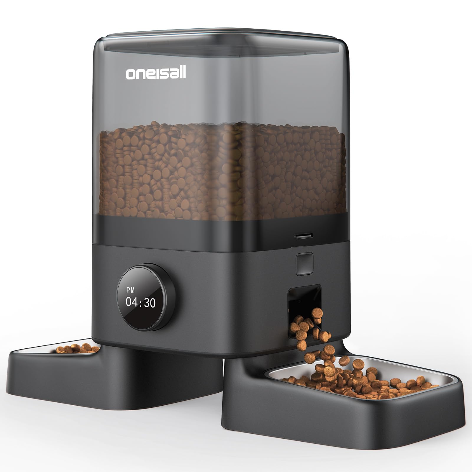 oneisall Comedero automático para Gatos 2 Tazones, 5L Comedero para Gatos con un botón Fácil Operación, dispensador de Comida Seca ISCC PLUS
