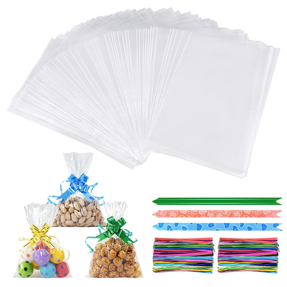 100 Sacchetti in Cellophane Trasparente 14x20 cm, Sacchetti Trasparenti per Alimenti con 100 Fiocchi e Lacci Intrecciati per Caramelle, Biscotti e Altre Confezioni Regalo
