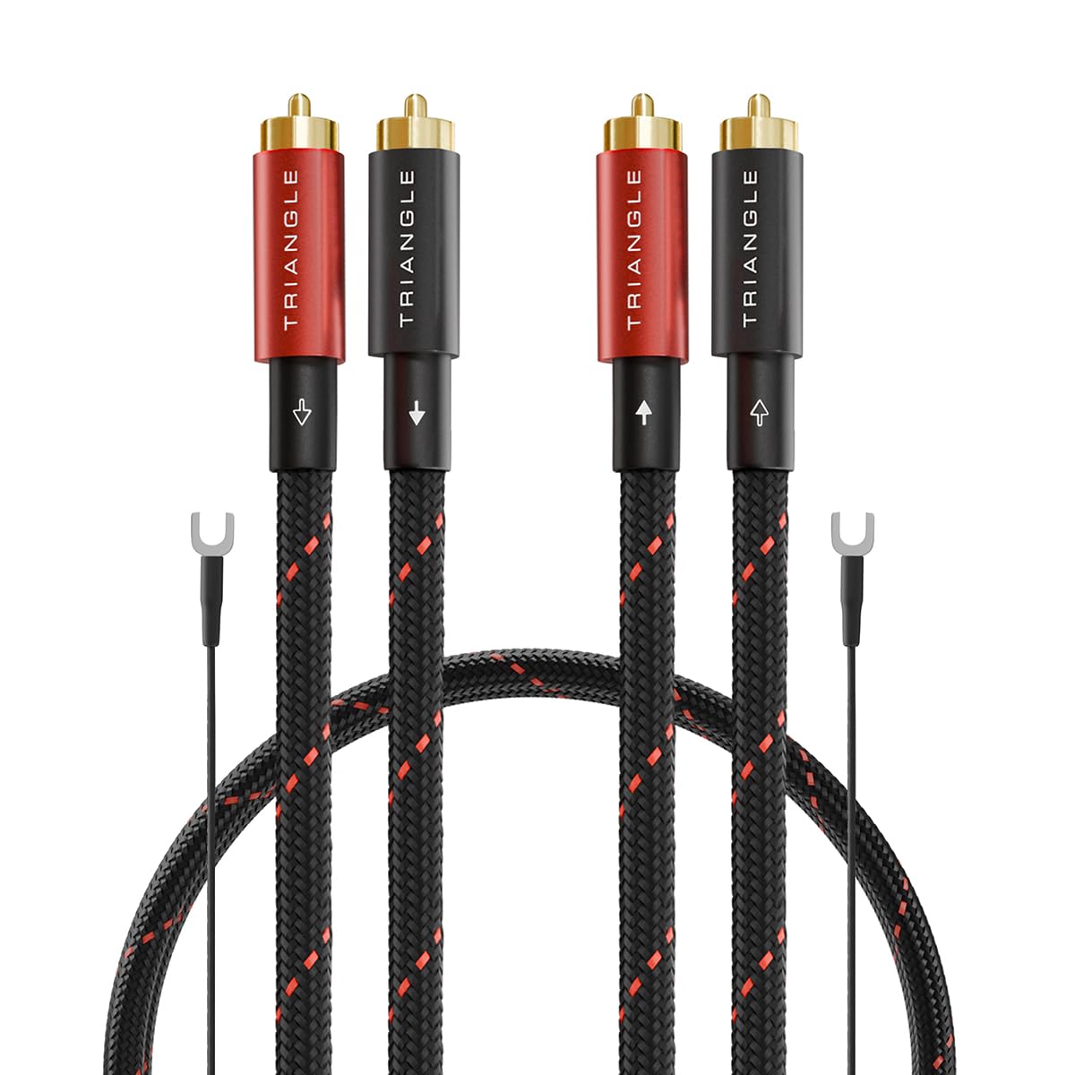 Triangle – Câbles RCA Stéréo Red Serie Hi-FI 2x1m – Cuivre OFC 99,99% – Blindage Multicouche – Câble de Masse Phono Inclus – Compatible Platine Vinyle, DAC, Lecteur CD, Amplificateur (Paire)