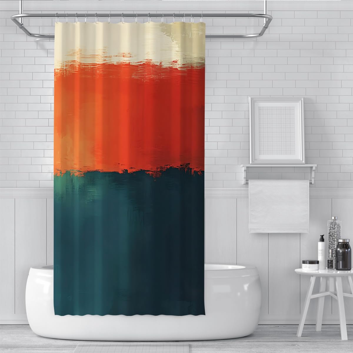 Abstraktes Farbfeld-Duschvorhang Retro-minimalistisches mehrfarbiges Streifendesign Badewannenvorhang Waschbarer Polyesterstoff mit Haken 200 x 240 cm