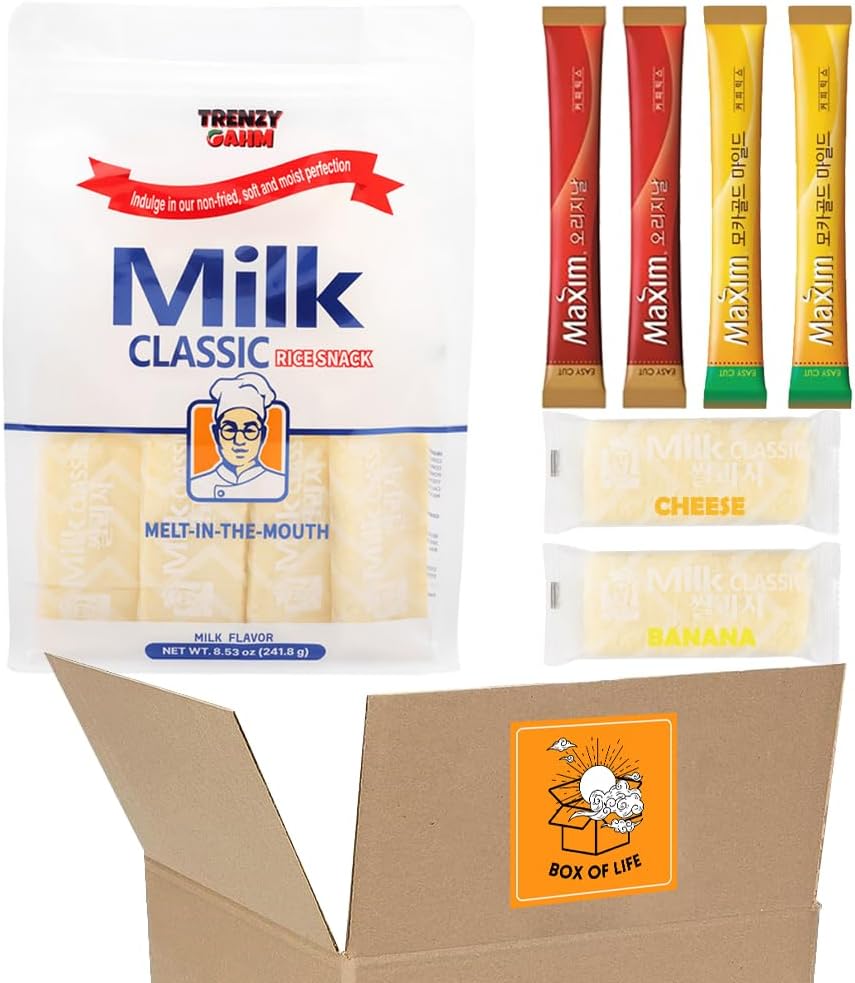 [BOX OF LIFE] Korean Snack Box – Milk Classic Rice Snacks 240g (8.47 oz) / 0.35 oz x 24 Packs + Instant Coffee Sticks (2 of Each Flavor - Maxim Original, Maxim Mocha Gold) | Bonus Cheese & Banana Flavored Crackers Inside