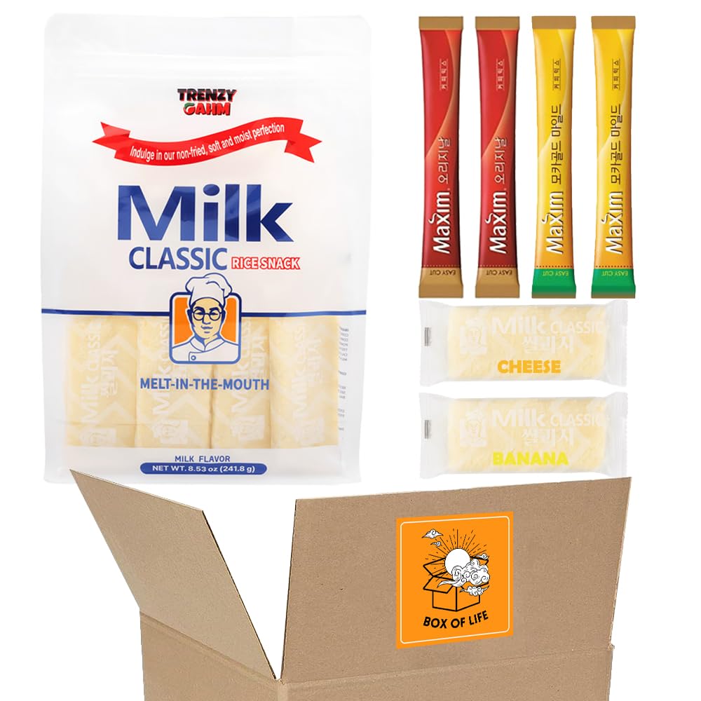 [BOX OF LIFE] Korean Snack Box – Milk Classic Rice Snacks 240g (8.47 oz) / 0.35 oz x 24 Packs + Instant Coffee Sticks (2 of Each Flavor - Maxim Original, Maxim Mocha Gold) | Bonus Cheese & Banana Flavored Crackers Inside