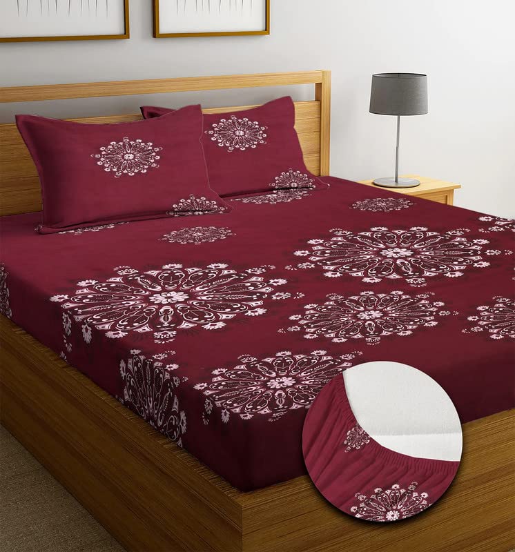 Image of NHD HOME Premium Cotton Elastic Fitted Bedsheets with 2 King Size Pillow Covers | Double Bed with All Around Elastic 180 TC Supersoft |Size-72 King Sizex78+10 inches | Floral, Maroon