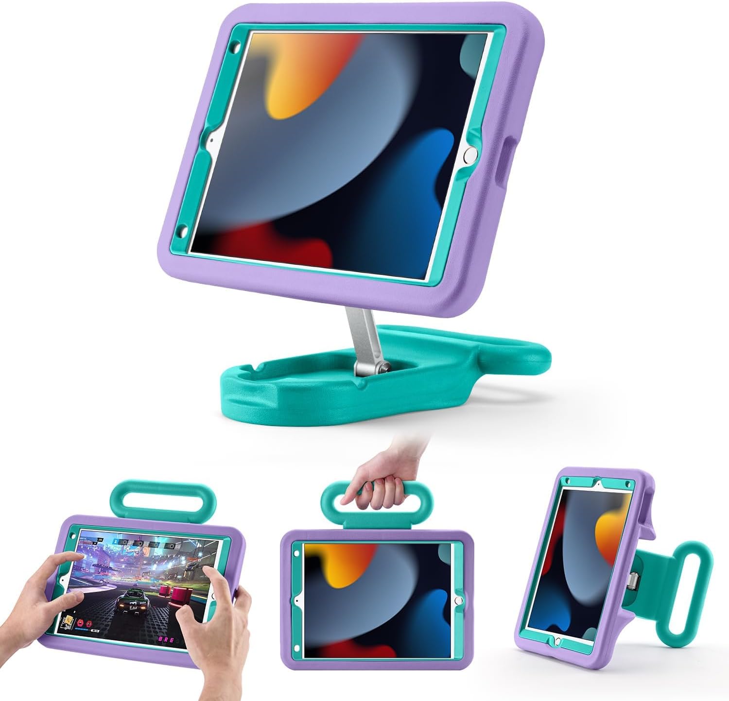 Kids Case for iPad 7th/8th/9th Gen 10.2 inch,Adjustable Portrait/Landscape Stand/Drop Proof with Handle/Kickstand,Child Friendly Protective Cover for iPad 10.2 2021/2020/2019 (PurpleGreen)