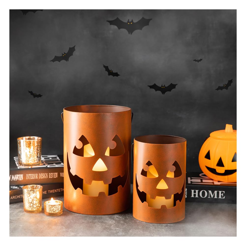 Glitzhome2 Pack Halloween Jack O Lantern Bucket, 11.02" H Candle Holder Bucket Outdoor Standing Hanging Sign Metal Porch Decor