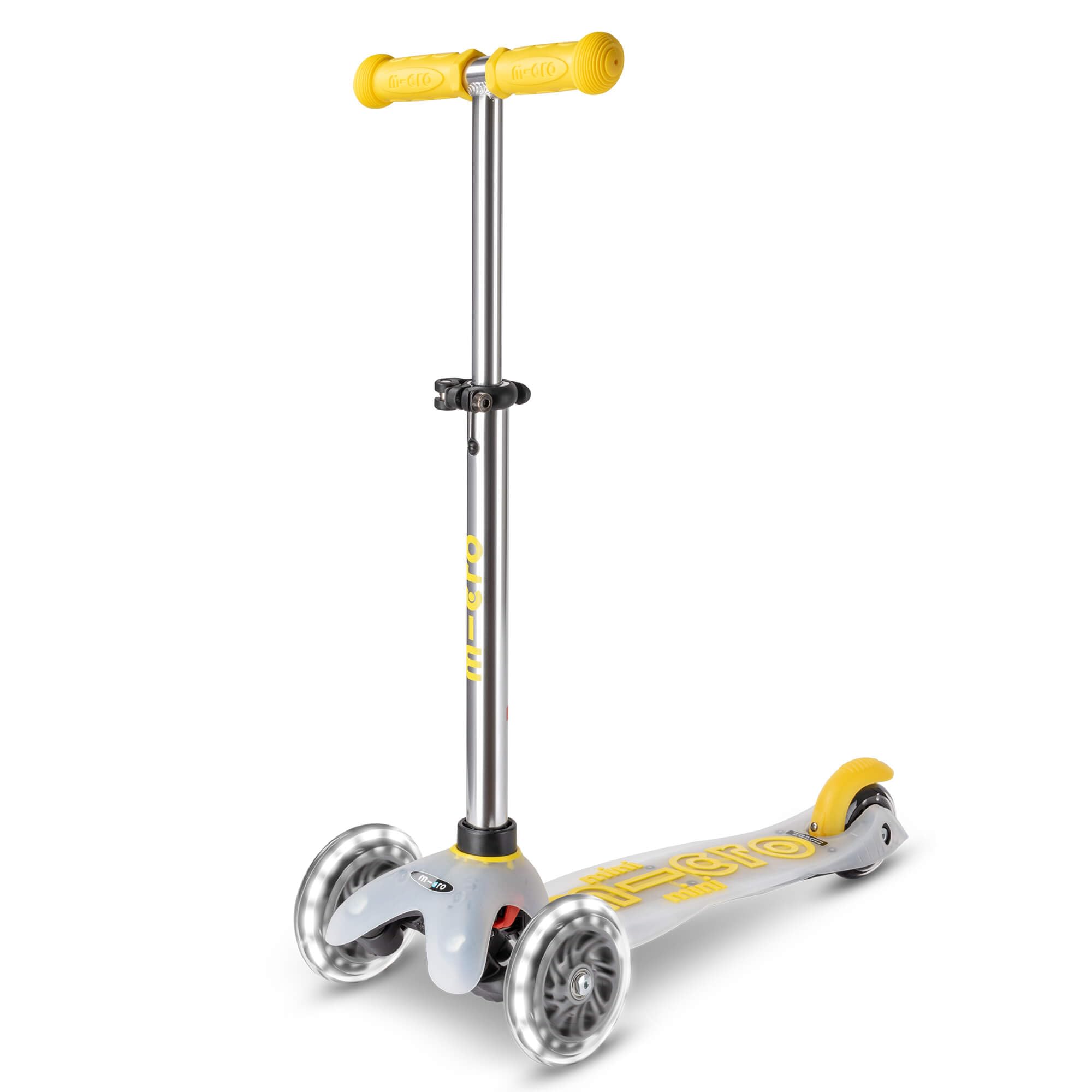 Micro Scooters | Mini Micro Deluxe LED Children's Scooter | Handlebar Adjustable | Light Up Wheels | Clear Deck | 2-5yrs | Boys & Girls | Yellow