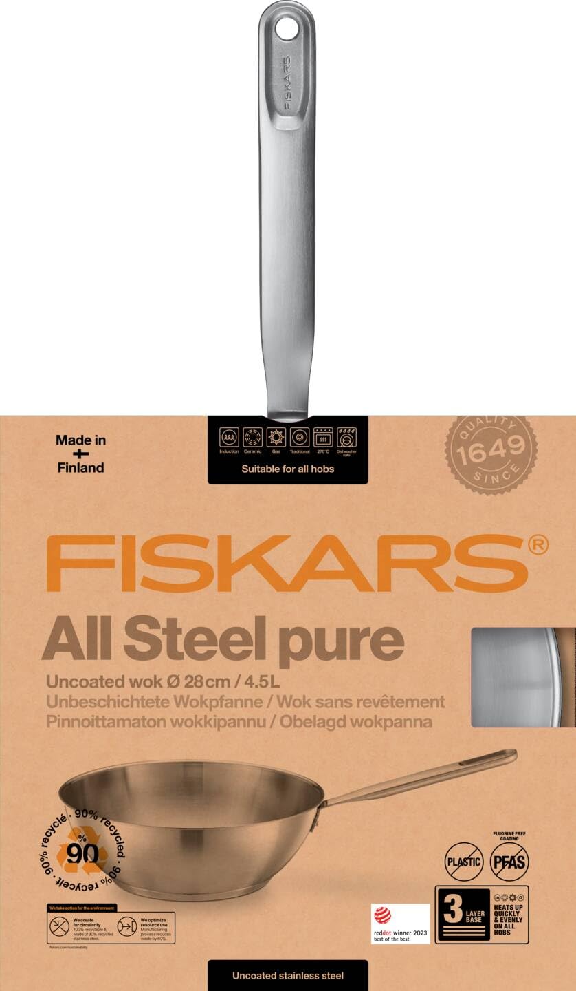 Fiskars Wok, Ø 28 cm / 4,5 L, Czysta stal, Niepowlekana patelnia, Nadaje się do wszystkich płyt grzewczych, Stal nierdzewna z recyklingu, Srebrny, 1065629
