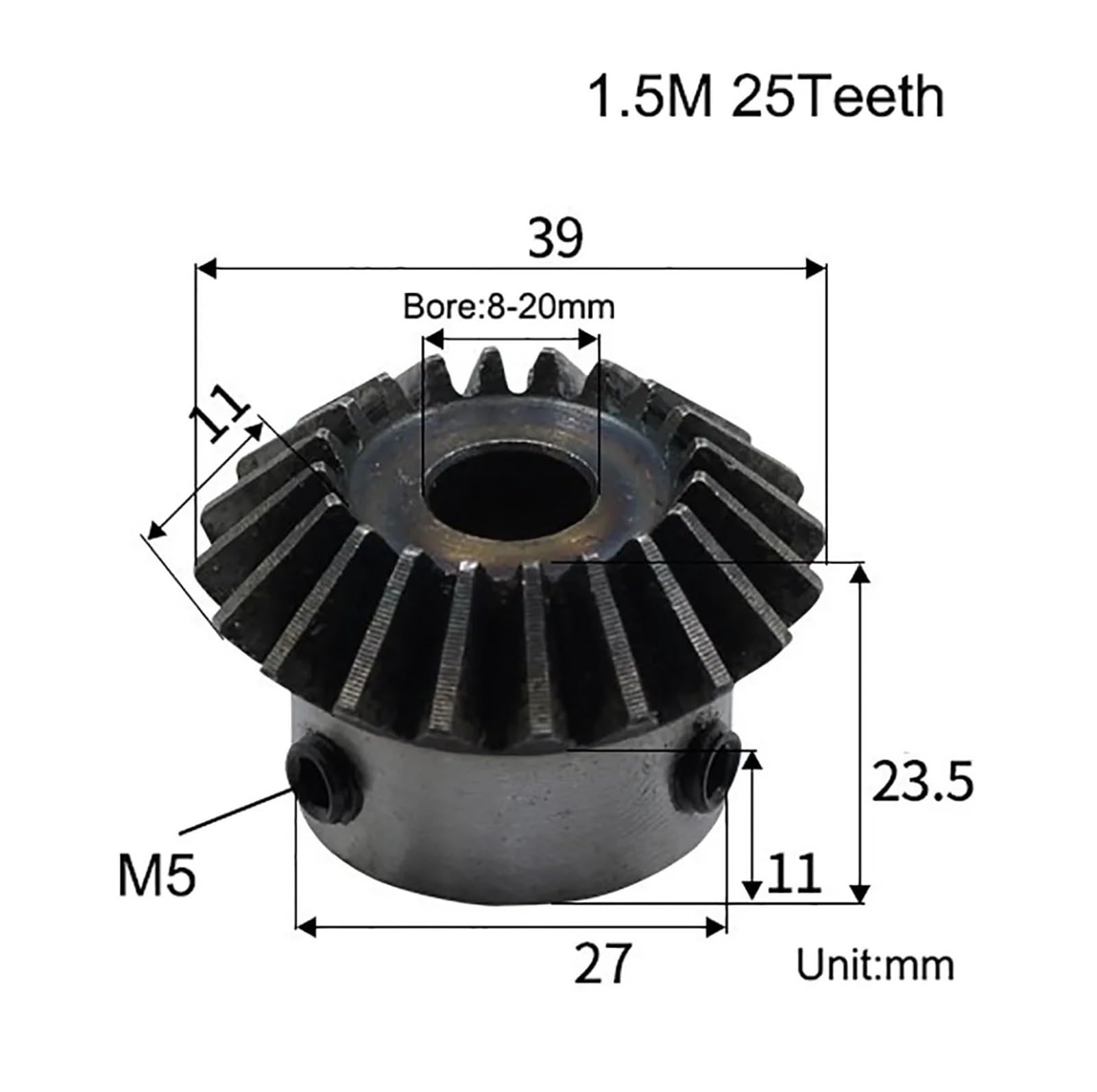 Bevel Gear Pinion Hardware Mechanical 1.5 Module 25 Tooth Bevel Gear with Keyway 1:1 45# Steel 90 Degrees Mechanical Power Transmission Gear(14mm Keyway 5mm)