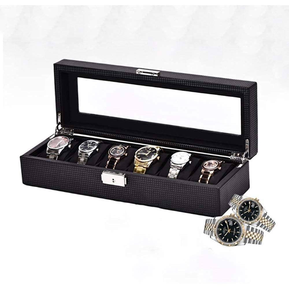 Uhrenbox mit Glasdeckel, 6-teilige Uhrenbox, Uhrenaufbewahrungsbox aus Kohlefaser, Schmuckdisplay, Aufbewahrungsbox für Männer und Frauen, Uhrengehäuse, 17,8 x 12,8 x 7,5 cm Safehappy