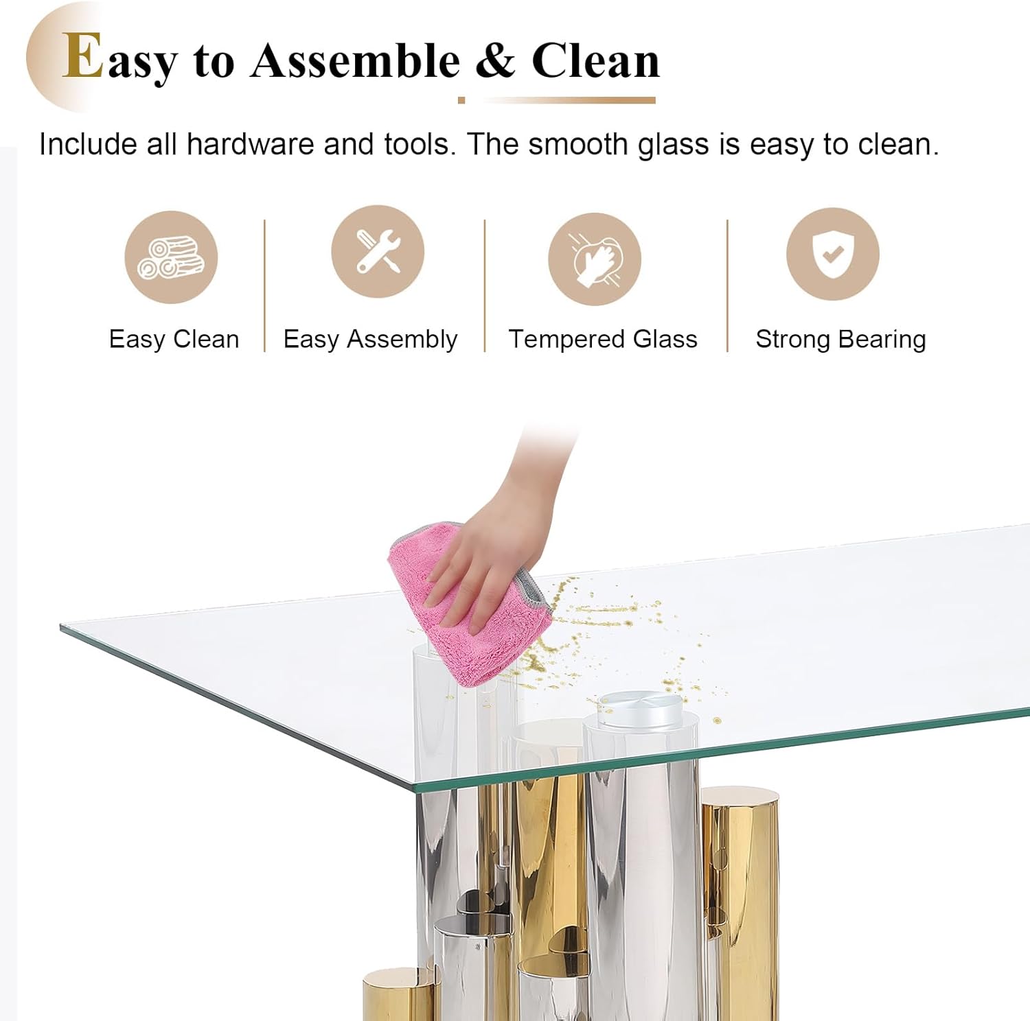 Goujxcy Modern 48/'' Rectangular Glass Coffee Table, Unique Luxury Tea Table with Gold Silver Irregular Stainless Steel Base, Elegant Cocktail Center for Living Room Home Ofiice, Gold 2-coffee Tab