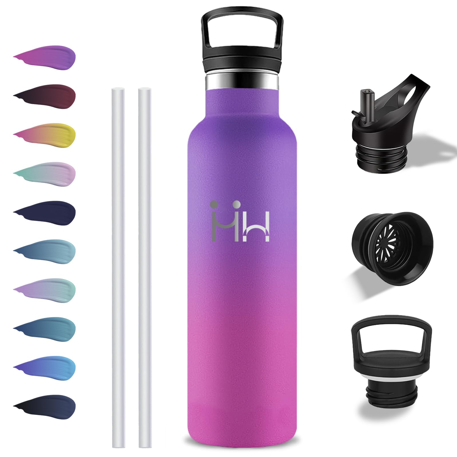 Grsta Trinkflasche Edelstahl, Trinkflasche 1l, BPA-Frei, Wasserflasche mit Strohhalm, Auslaufsicher, Isolierflasche Doppelwandig, Wasserflasche für Reisen, Wandern, Camping, Fitnessstudio