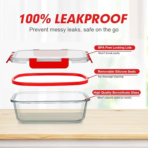 Miniatura 4 de VERONES Juego de 12 paquetes de recipientes de vidrio para almacenar alimentos, recipientes de vidrio herméticos para almuerzos, recipientes de