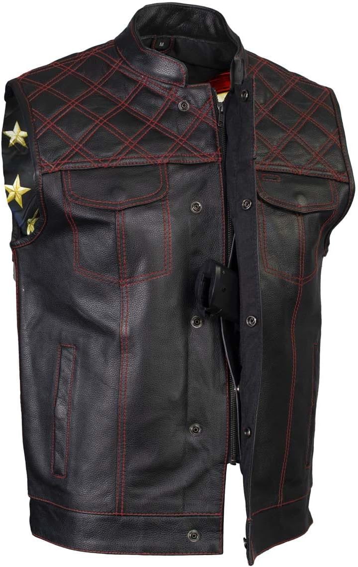 Milwaukee Leather LKM3782 Men's Classic Black Premium Leather Motorcycle Vest with USA Flag Liner