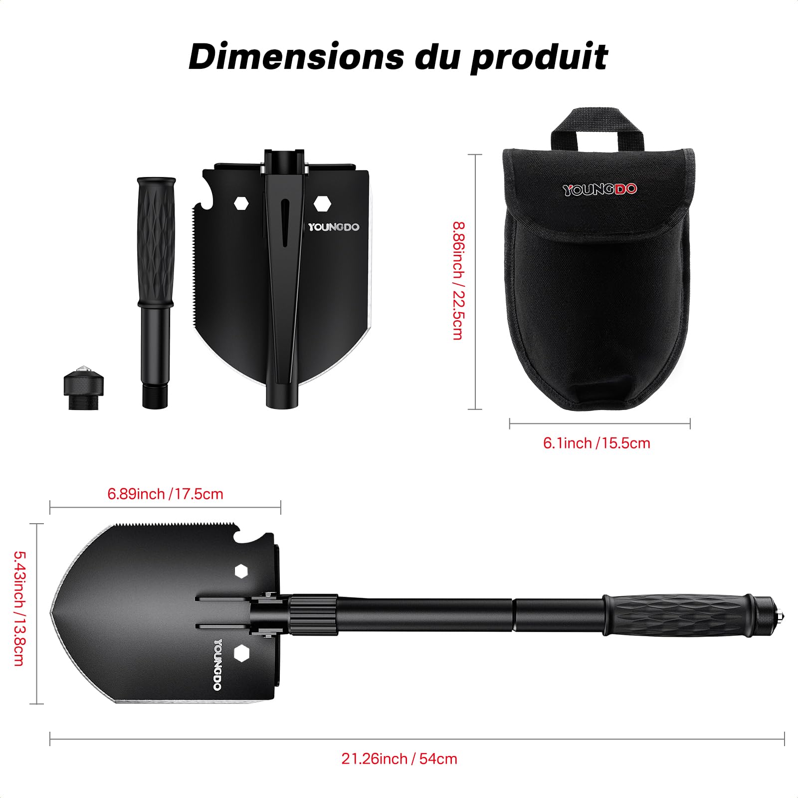 YOUNGDO Pelle Multifonction, Pelle Pliante 10 Fonctions, Pelle Pliante Multifonctionnelle pour Couper Branches, Camping, Survie, Randonnée et Jardinage (Pelle Pliable+ 2 Poignées)