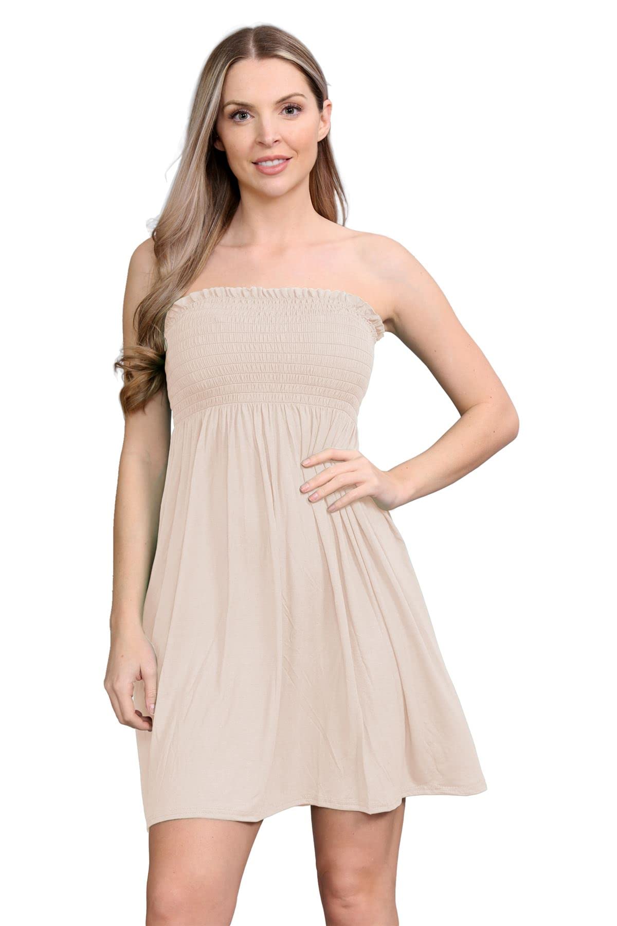 Janisramone Women's Stone Janisramone® Bandeau Dress, Boob Tube Sheering Ruched Flared Mini Dress, Plain Strapless Summer Dresses, Perfect Holiday & Beach Dresses For Uk