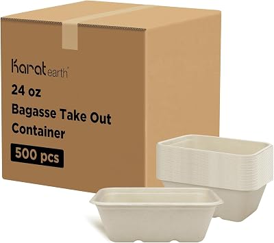 KARAT EARTH 24oz Take Out Containers, [500 ct] Disposable Meal Prep Containers - Freezer-Safe Bagasse Lunch Boxes | Biodegradable, Microwave-Safe Food Storage Containers