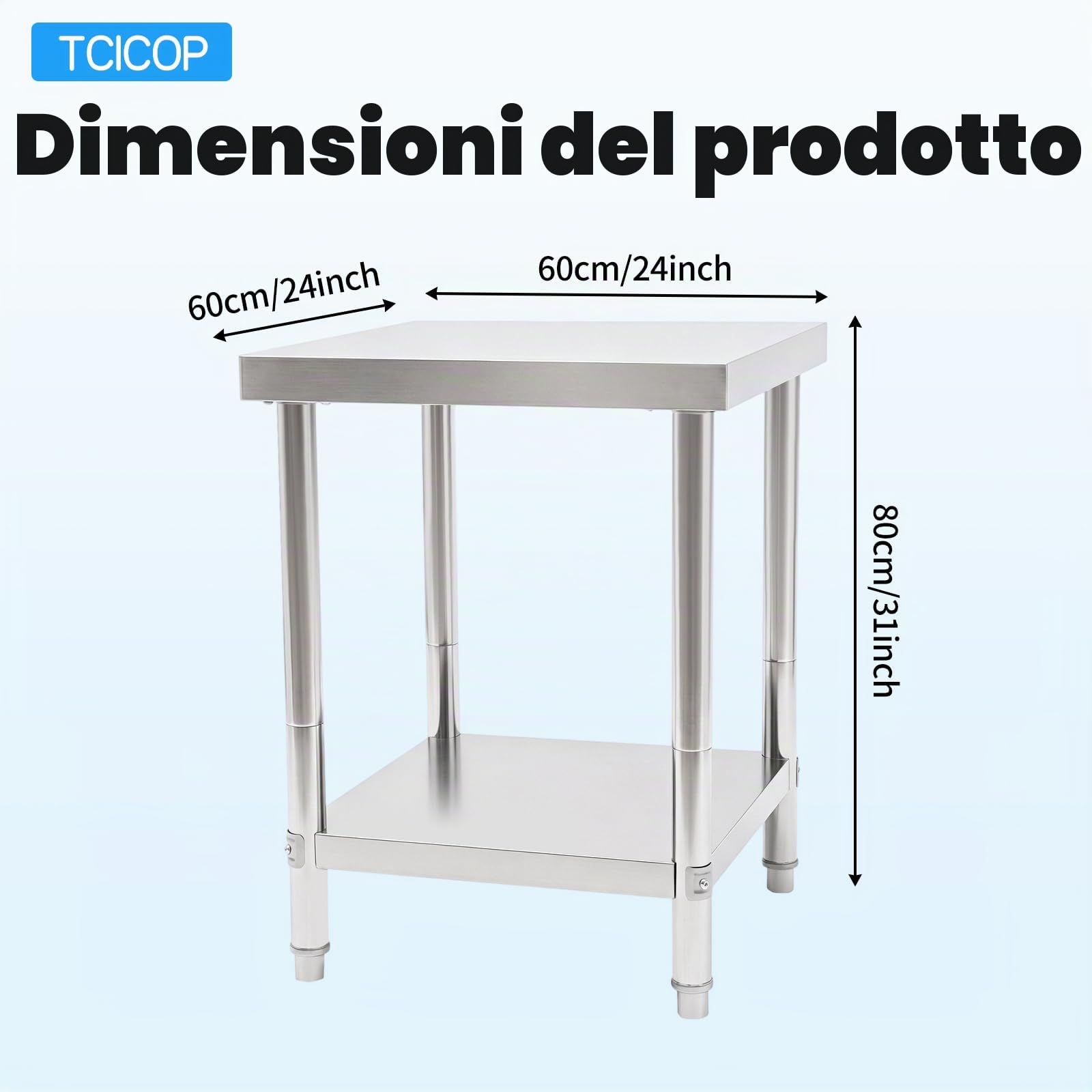 Tavolo da lavoro in acciaio inox, 60 x 60 x 80 cm, portata 400 kg, suola regolabile in metallo, adatto per cucina, sala da pranzo
