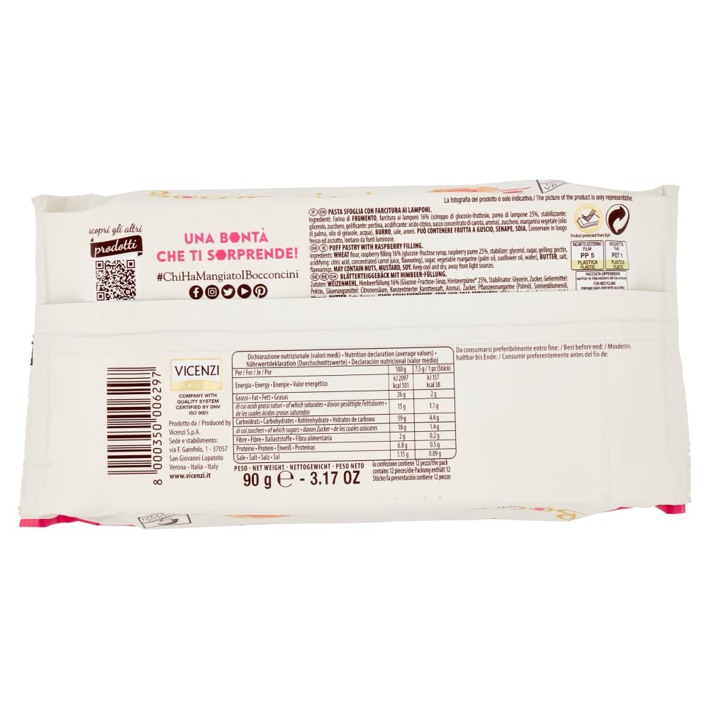 Matilde Vicenzi - Bocconcini di Pasta Sfoglia, Croccanti e Delicati, Snack Dolce di Raffinata Pasticceria Ripieno di Farcitura al Lampone, Formato Scorta, 10 Confezioni Singole, 900 gr