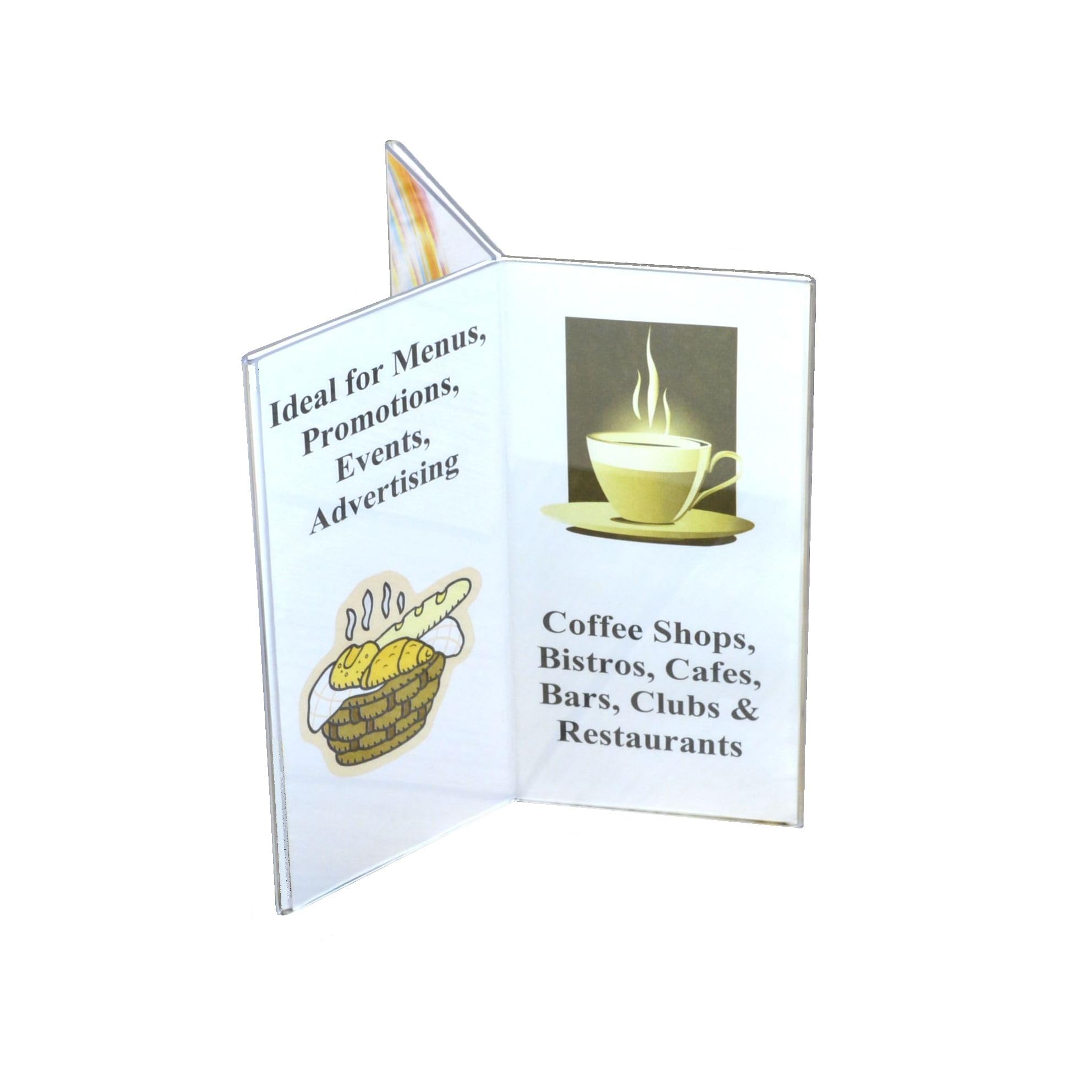 Pos Display Shop Pack of 4 Free Standing Restaurant Pub Cafe Multi Sided 6 Sided Menu Price List Sign Holders Table Talkers - Clear Acrylic - Third A4 (1/3rd A4) - PDS8068