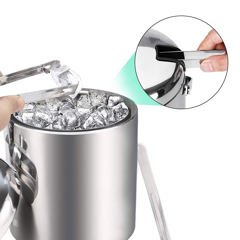 Sailnovo Mini seau à glace 1,2 L – Compact, en acier inoxydable double paroi de qualité supérieure, avec couvercle et pince à glace – Idéal pour cocktails, bar personnel et petites réceptions – Argent