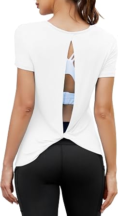 Mippo Open Back Workout Top Soft Short Sleeve Athletic Yoga Gym T Shirts | Backless, Exercise, Pilates, Light and Soft, Relaxed Fit, Waist Length, Pilates Clothes for Women