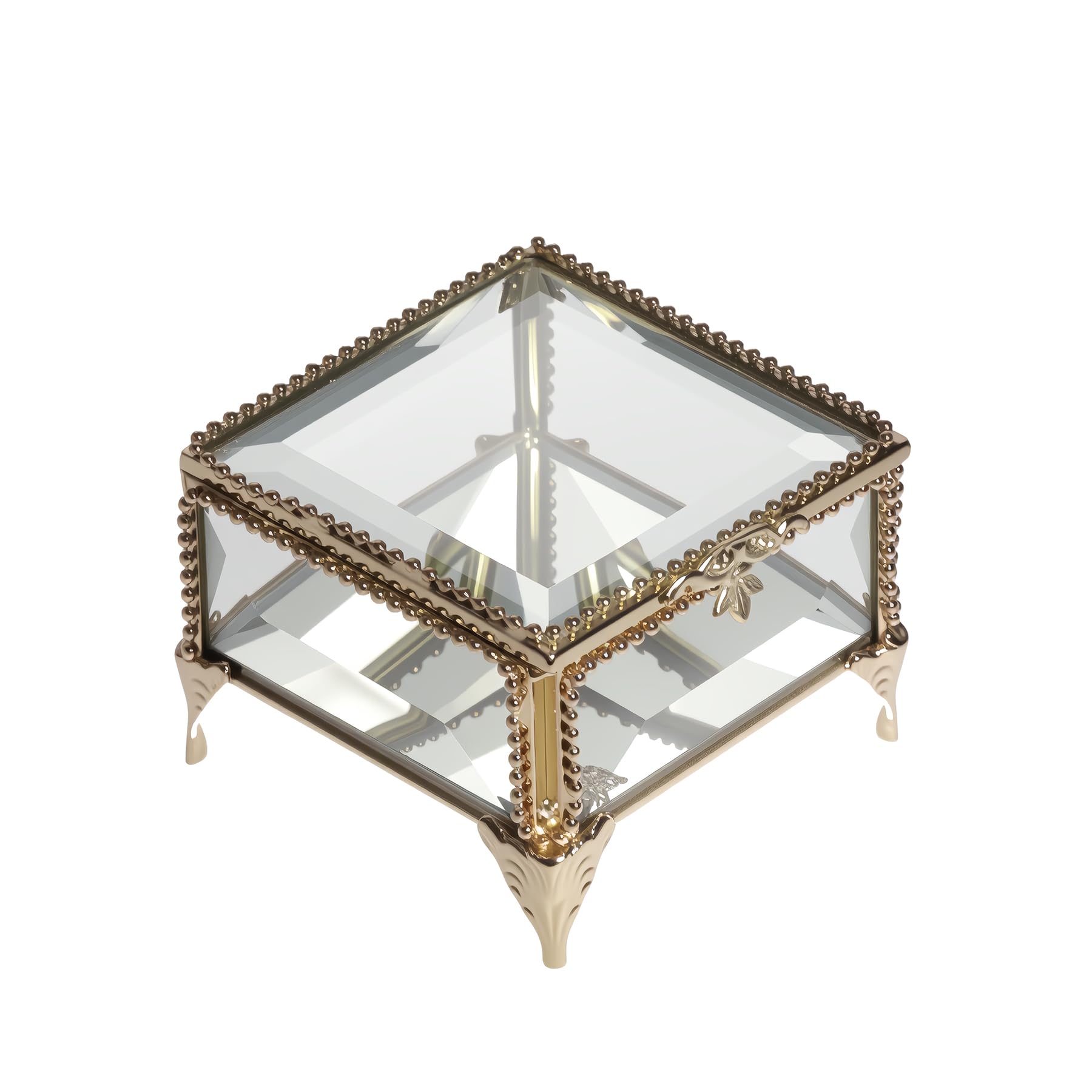 Joyero rectangular de cristal vintage con tapa con bisagras, 8.3 x 8.3 x 5.8 cm, caja de recuerdo para anillos, baratijas y más (dorado)