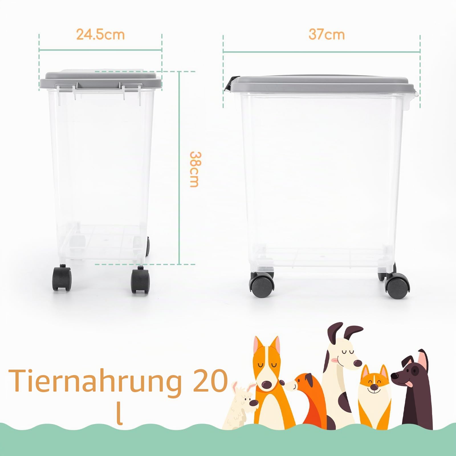 Nobleza - Futterbehälter für Haustiere, 20 L, für Haustiere, Lebensmittelbox mit Rädern, Klappdeckel, Luftdicht, Transparent, Rollen und Schaufel, für Hunde und Katzen, Grau