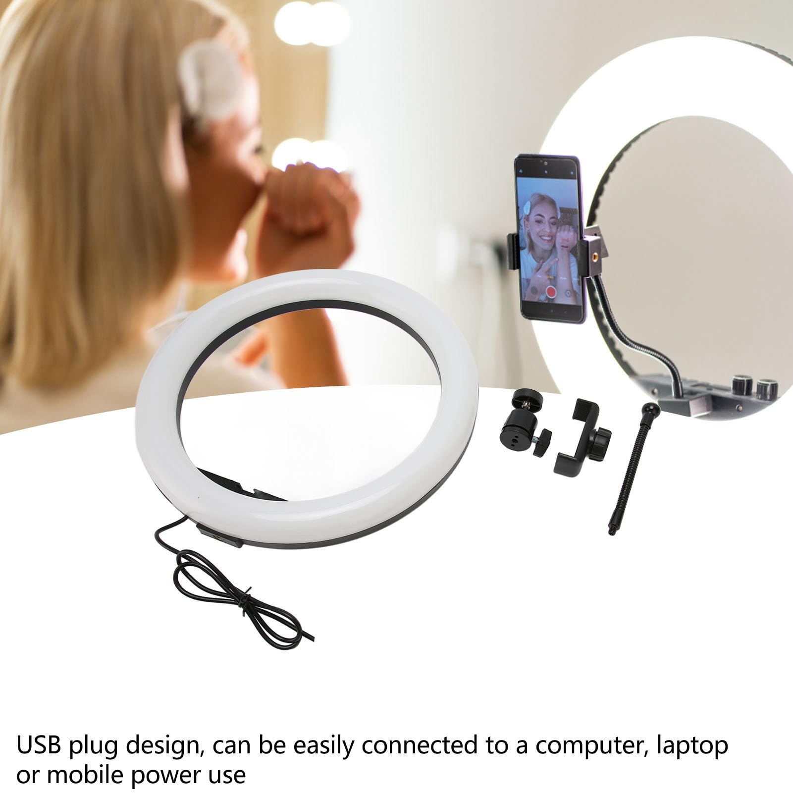 Tyenaza Anillo de Luz LED, Anillo Aro Selfie de Luz LED, Anillo de Luz para Selfies de 13 Pulgadas con Soporte para Teléfono y Enchufe USB para Transmisión de Fotografía y Selfies de Maquillaje