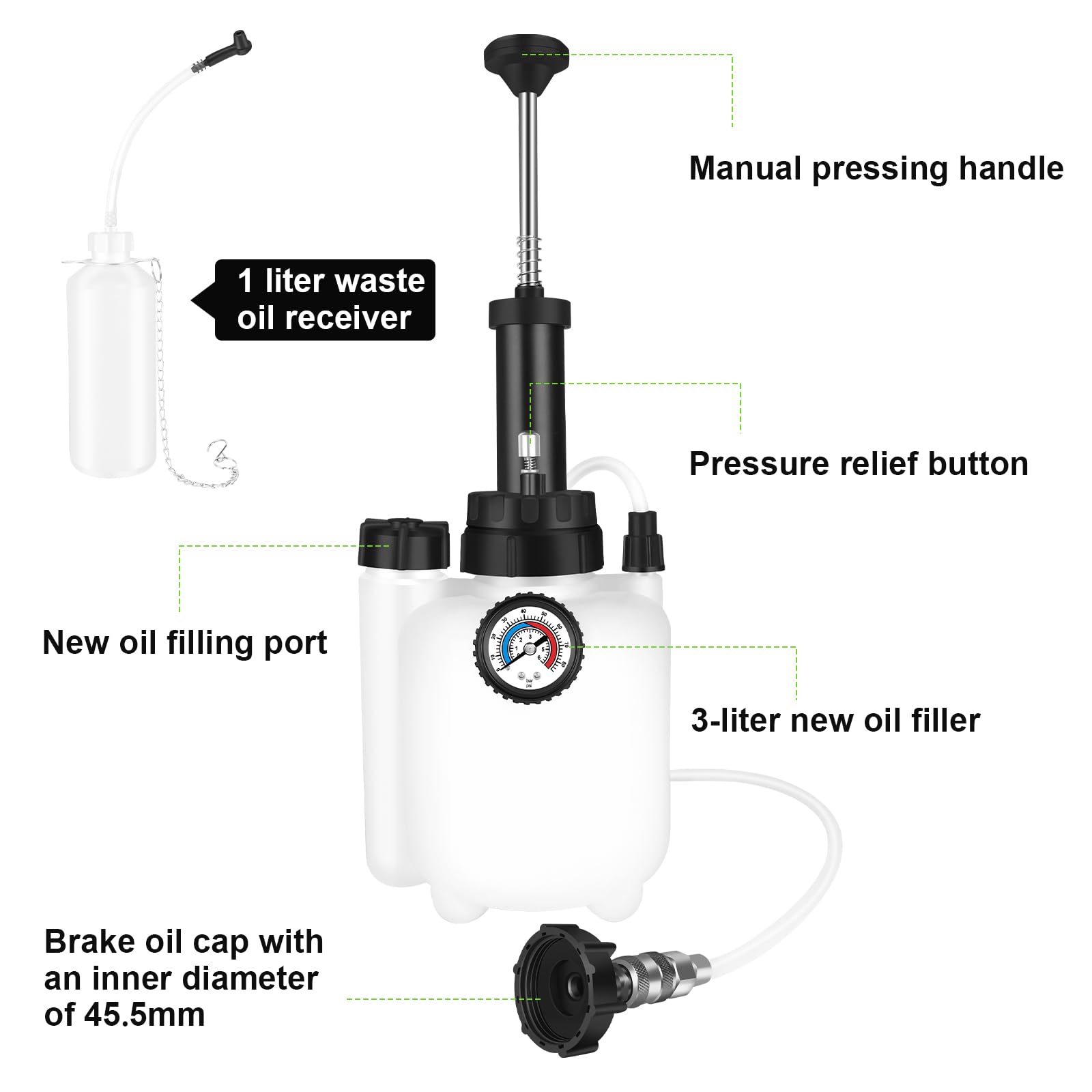 ASUNCELL 3L Auto Freno Purga, Manual Freno Fuid Presión Purgador Botella, Profesional Un Hombre Coche Freno Kit, Adaptador para la mayoría de los Modelos Europeos
