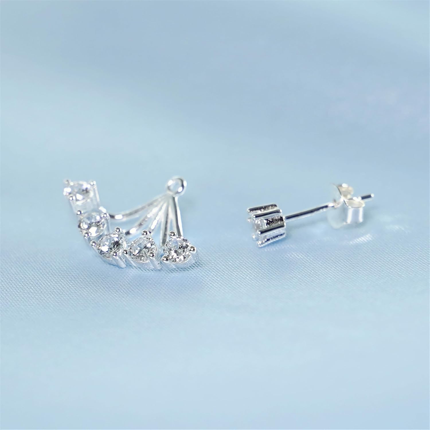 Sterling Silver CZ Diamante Sunlight Curved Bar Drop Double Side Jacket Claw Earrings, One Size, Sterling Silver, Cubic Zirconia