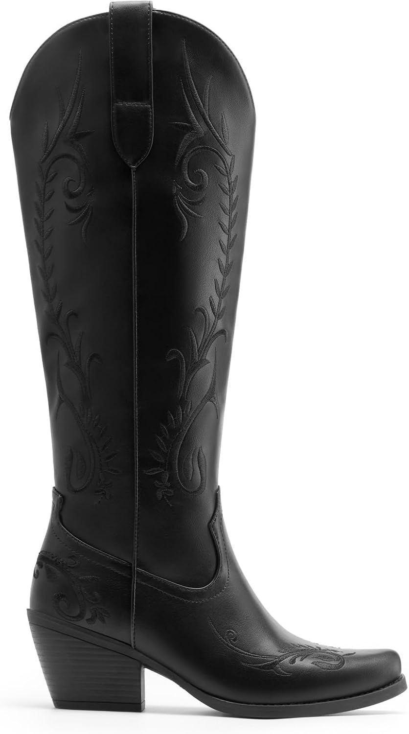 DREAM PAIRS Womens Cowboy Boots Knee High Western Retro Embroidered Cowgirl Boots Comfortable Square Toe Tall Boots