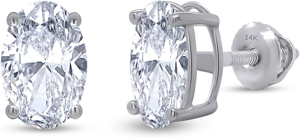 SAVEARTH DIAMONDS Oval Cut Lab Grown Diamond Screw Back Solitaire Stud Earrings In 14K Solid White Gold For Women (Clarity: VS-SI 0.50 to 3.10 Cttw)