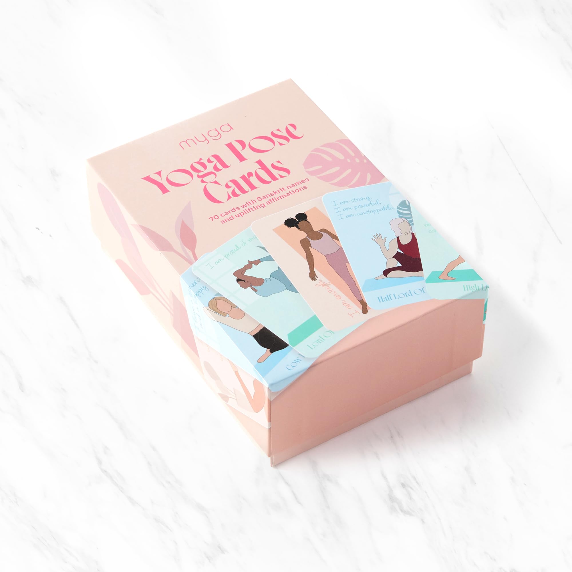 Myga Tarjetas de postura de yoga de afirmación – 70 tarjetas de ejercicio con nombre y afirmación sánscritos – Mini mazo de fitness y secuenciación para principiantes y yoguis avanzados – Tamaño