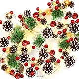 7 Foot Christmas String Lights with Pine Cone Red Pearl Bell Garland with Lights 20 LED Warm White Battery Operated Christmas Tree Decor Light for Christmas Holiday Indoor Table Party Decoration