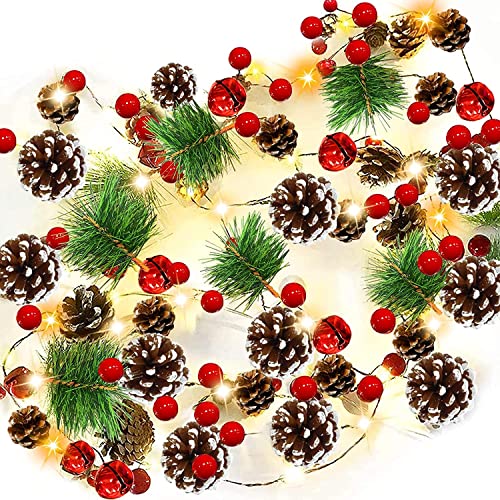 Christmas Pinecone Lights 7 FT 20 LED Battery Operated Red Berry with Pine Cone Garland Lights Indoor Outdoor Thanksgiving Decorations Christmas Party