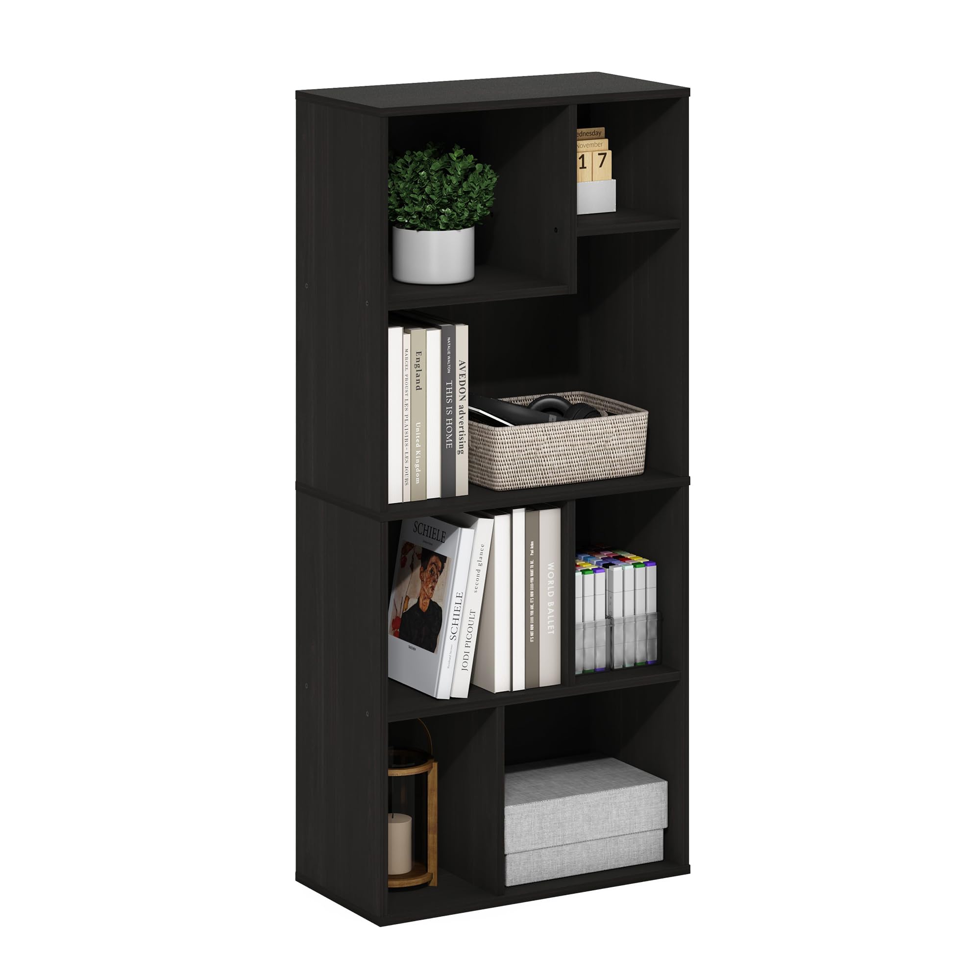 Furinno DALY Book Shelf, 7-Cube Bookshelf, Cube Storage Organizer Bookcase with Irregular Compartments, 9.4 x 18.9 x 42.1, for Living Room, Bedroom, Home Office, Espresso