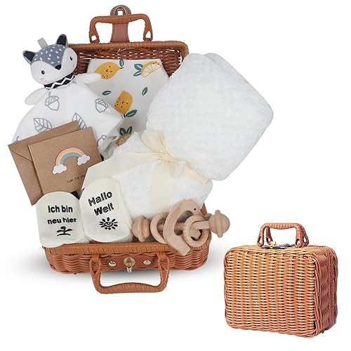 7 in 1 Neugeborenen Geschenkkorb, Baby Geschenkset Geburt mit Korb,