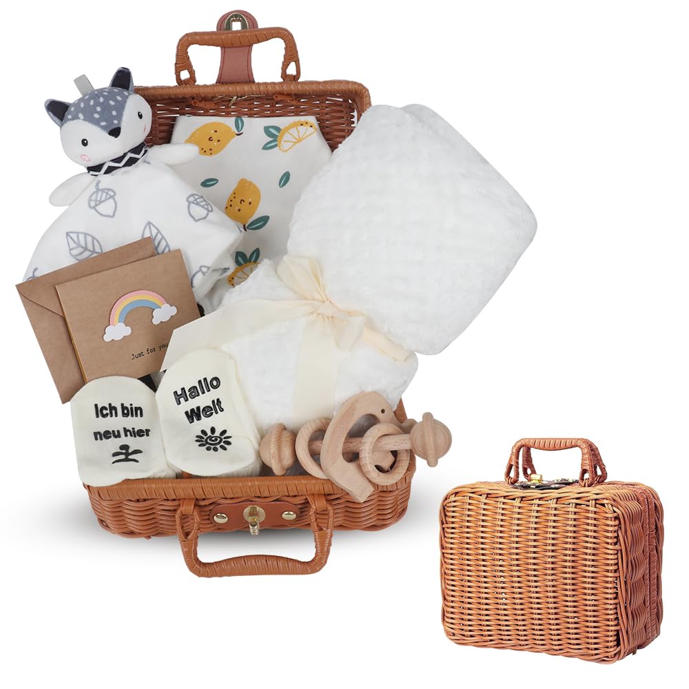 RNPKZ 7 in 1 Neugeborenen Geschenkkorb, Baby Geschenkset Geburt mit Korb, Dreieckstuch, Grußkarte, Socken, Plüschtier, Badetuch, Rassel, Baby Geschenke zur Geburt, Geschenkkorb mit den besten Wünschen