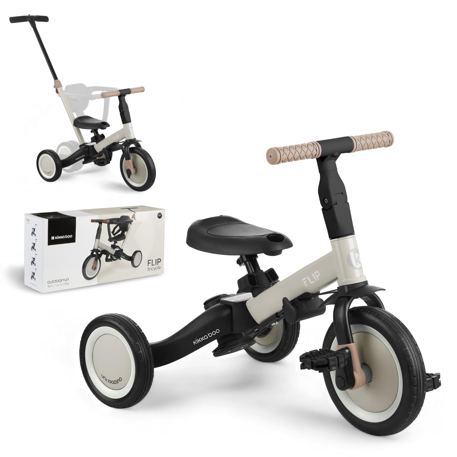 KikkaBoo Triciclo Evolutivo de Bebé 5 en 1 Flip, Bicicleta Niños Desde 1 Año hasta 5 años, Trike, De Triciclo a Bicicleta con o sin Pedales, Ajustable y Transformable, Beige