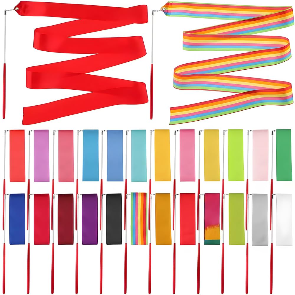 Jonuin 24Pcs Rhythmic Dance Ribbons, 78.7 Inch Colorful Gymnastics Ribbon with Non-Slip Ribbon Wand, Rainbow Sticks Streamers for Children and Adults, Fits for Artistic Gymnastics, Dance & Birthday