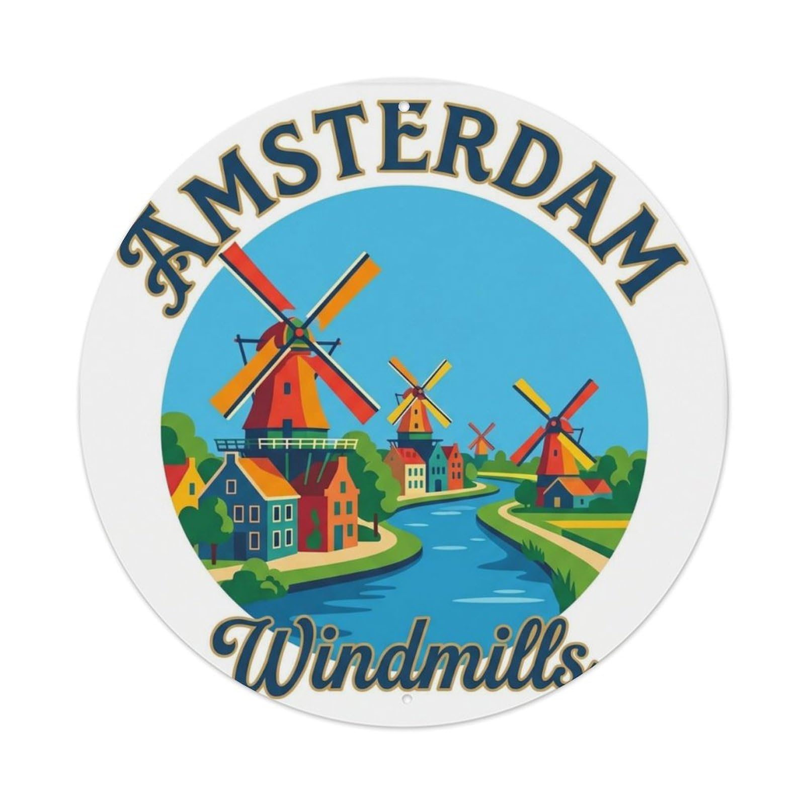 Vintage Travel Amsterdam Windmill Dutch Metal Tin Sign Plaque Wall Decor for Cafe, Club Bar, Office, Home Garden Round Metal Poster 8x8Inch