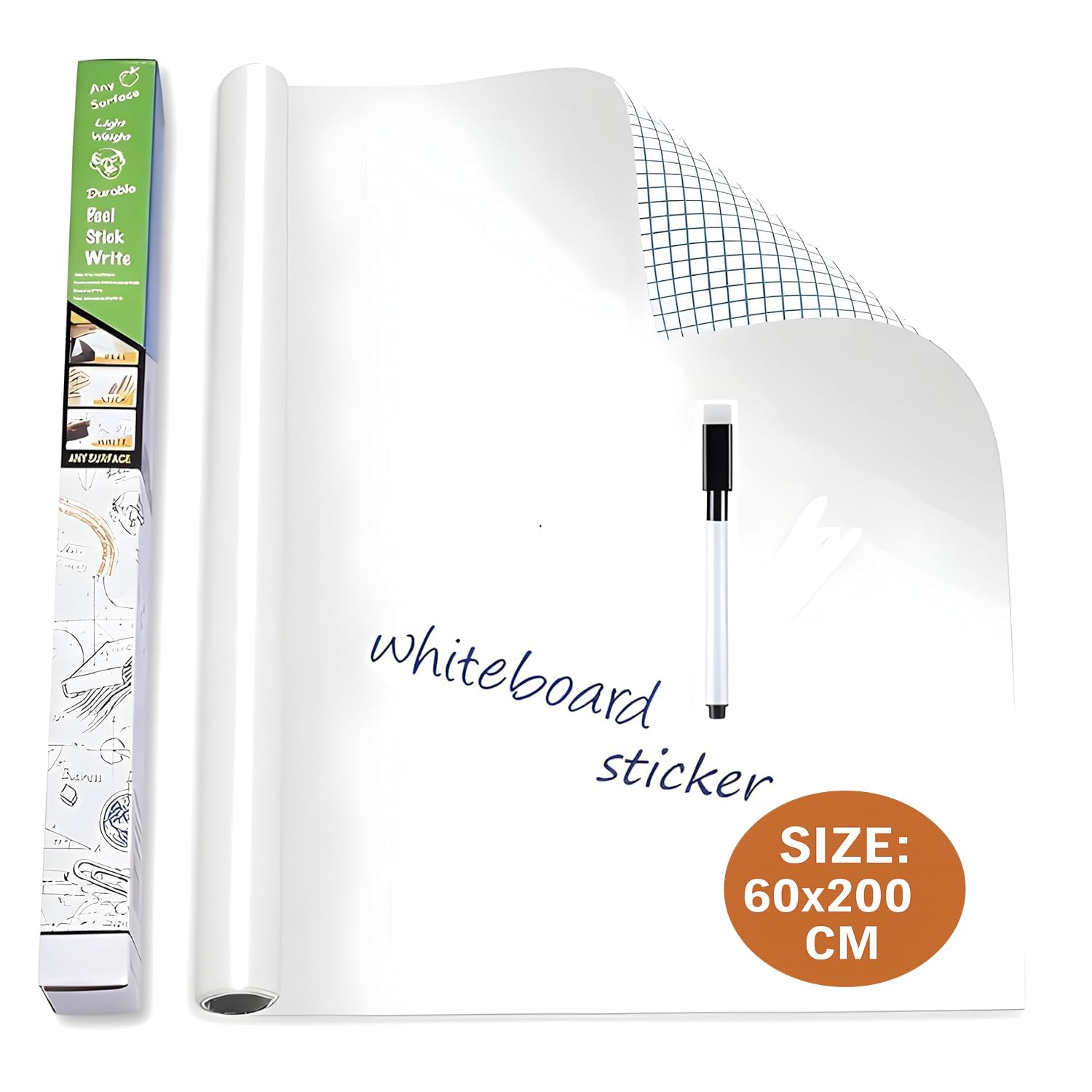 NAITIK CREATION White Board Sticker for Wall with 1 Marker for School, Office, College, Self Adhesive Removable Whiteboard Sticker Wall Decal Wallpaper (60X200Cm), Vinyl