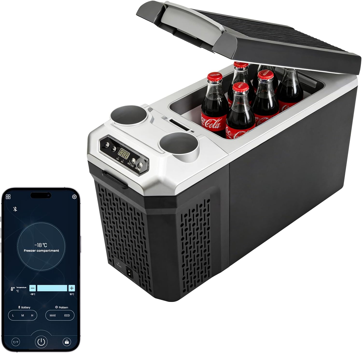 Center Console Fridge with Bluetooth APP Control,Car Refrigerator 16QT Portable Freezer Compressor Cooler (0°F ~ 64°F”),Car Refrigerator RV Fridge 12/24V DC&110V AC for MPV,RV,Travel,SUV, Van Camping