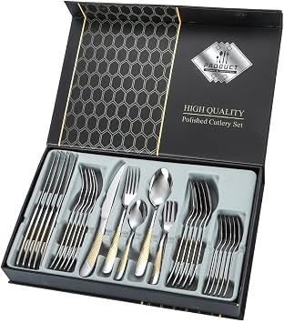 Silverware Flatware Cutlery Set, 30-piece Stainless Steel Cutlery Set Knife, Fork And Spoon Five Main Pieces Steak Knife Black BoxGold silver