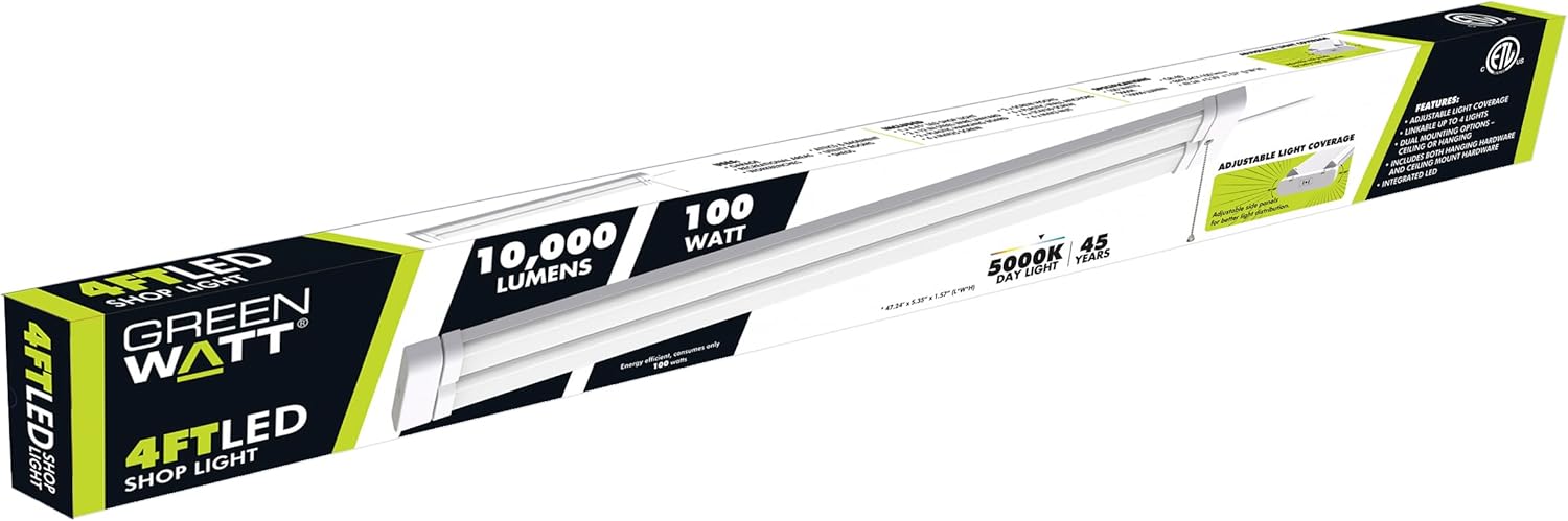 Green Watt 4-ft 10,000-Lumen LED Shop Light with Adjustable Light Tubes White Finish 5000K Daylight (FXSL055AMFLE/100)