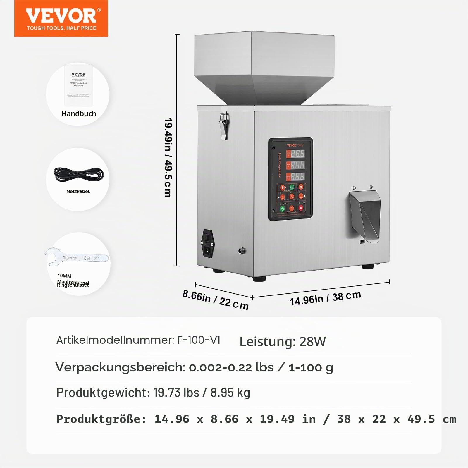 VEVOR Pulverabfüllmaschine 0,002–0,22 lbs/1–100 g automatische intelligente Partikelwäge-Abfüllmaschine Flaschenbeutel-Pulverfüller-Partikelspender für Teesamen, Körner, Pulver, Mehl, Bohnen, Glitzer