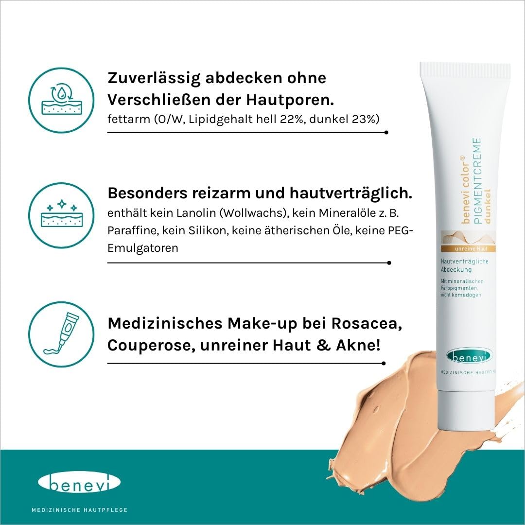 benevi Pigmentcreme 2 x 20 ml zum gezielten Abdecken von Rötungen, Pickeln, Unreinheiten oder als Make Up Ersatz. Kaschiert zuverlässig erweiterte und rote Äderchen bei Couperose & Rosacea (hell)