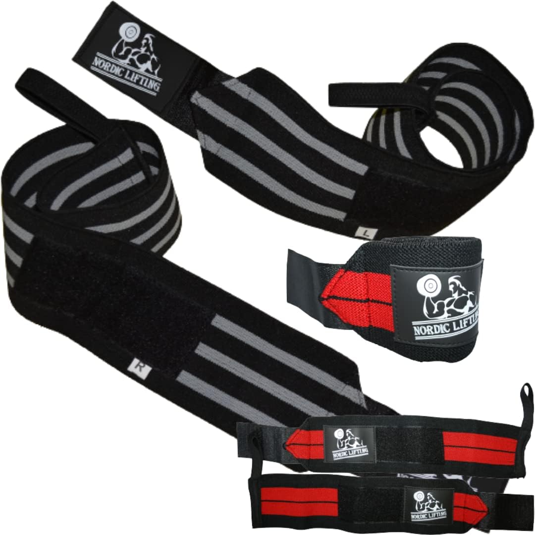 Nordic Lifting Super Heavy Duty Wrist Wraps - Black Grey Bundle with Wrist Wraps 1p - Red