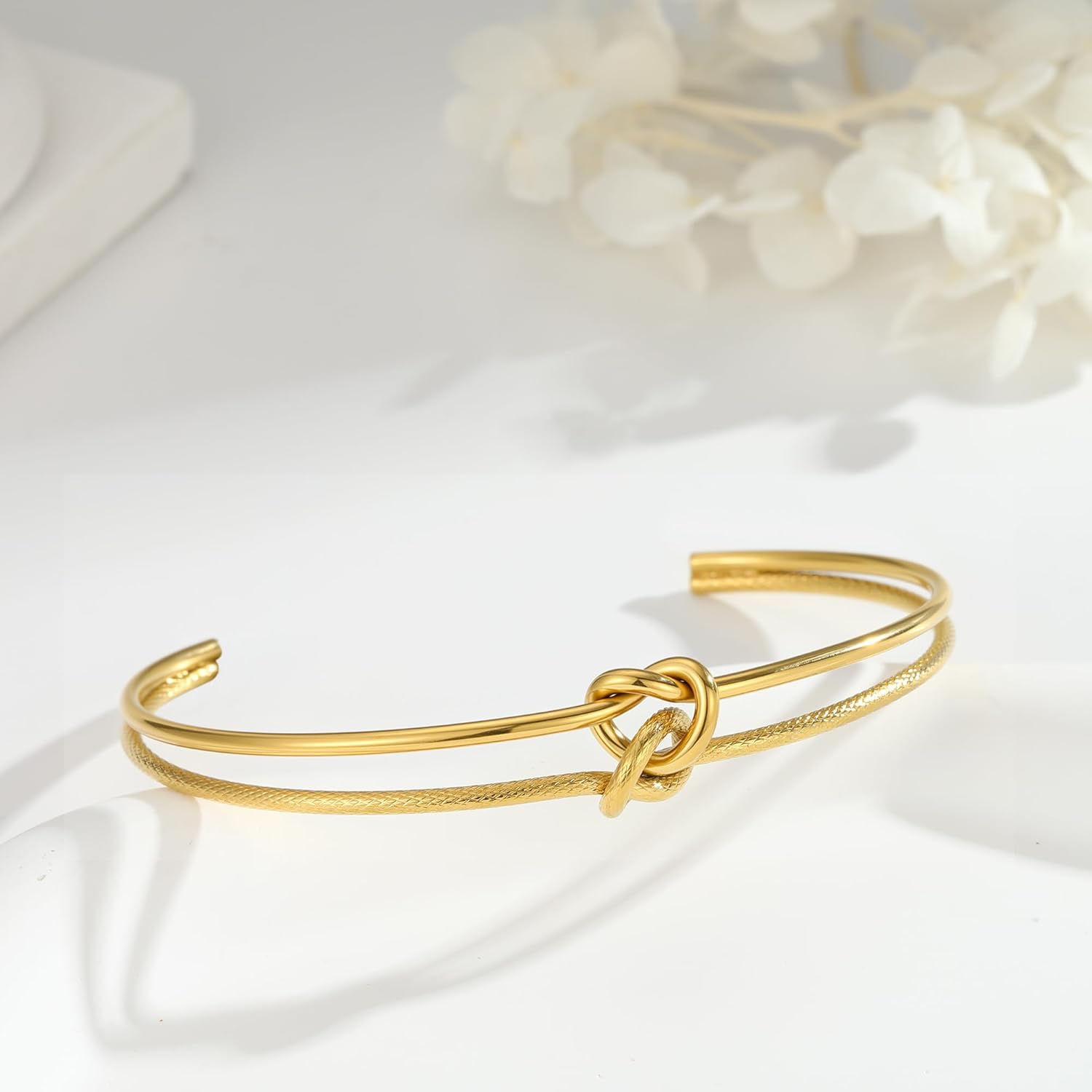 Turandoss Gold Knot Bangle Bracelets for Women - Dainty 18K Gold Plated Cuff Bangle Bracelets for Women Trendy Personalized Open Love Knot Bracelet Adjustable Cuff Bracelet Valentine Gifts for Her - Image 6
