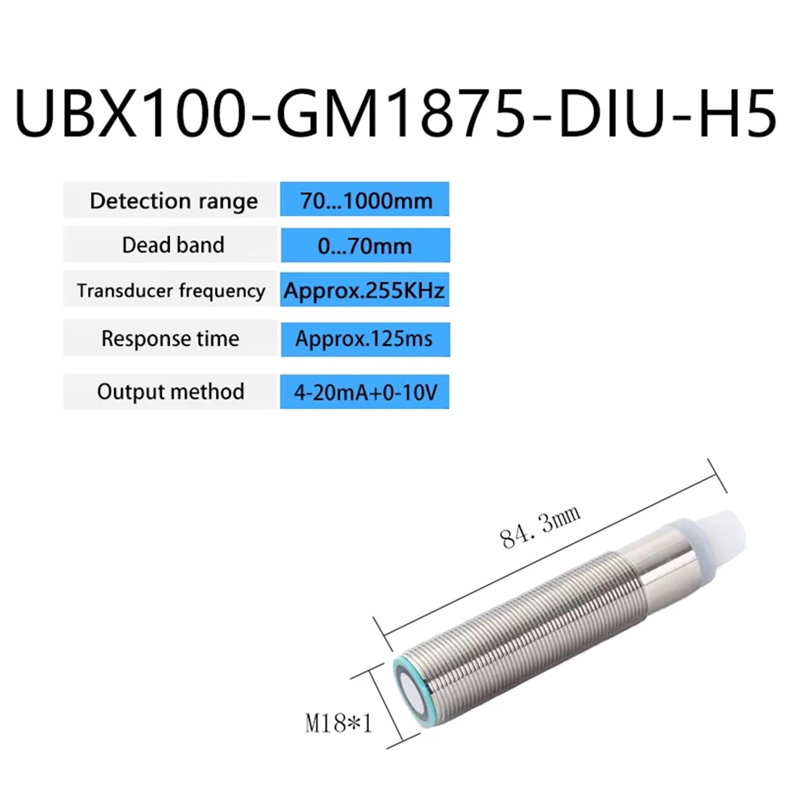 Détecteur de proximité à ultrasons M18, portée de détection 500 mm, capteur analogique 4-20 mA/0-10 V, Sortie de Commutation NPN/PNP(UBX100-GM1875-DIU-H5)